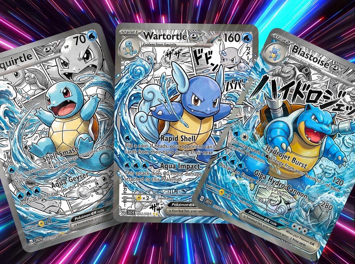 Comic Anime Style Kanto Starter Evolution Fan Art Cards - Charmander, Squirtle, Bulbasaur Lines