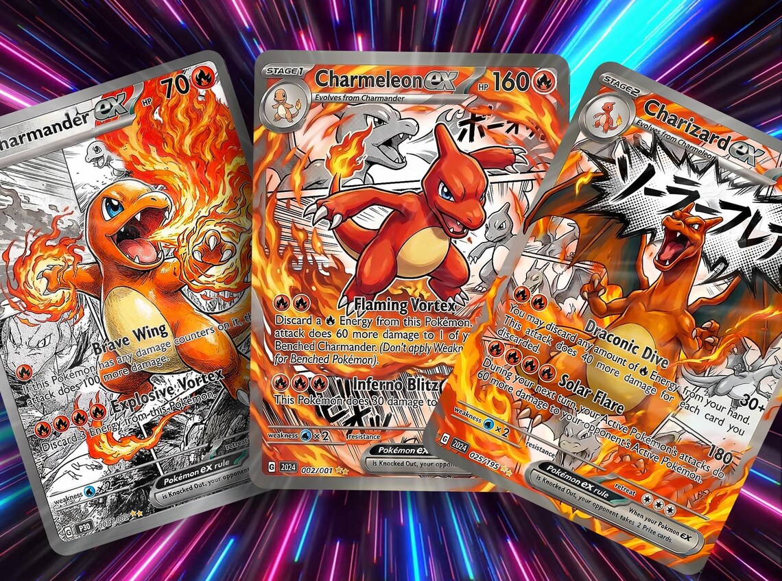 Comic Anime Style Kanto Starter Evolution Fan Art Cards - Charmander, Squirtle, Bulbasaur Lines