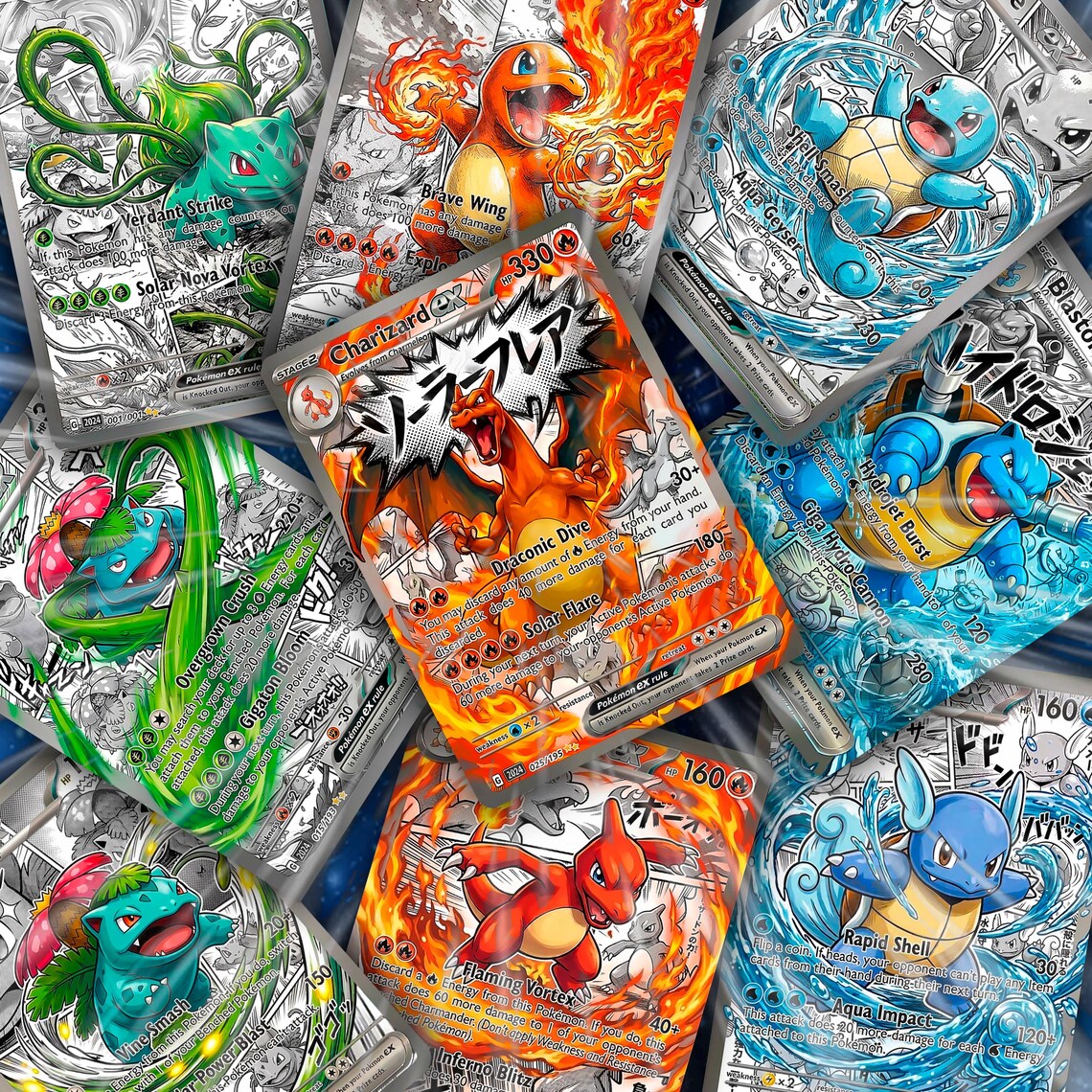 Comic Anime Style Kanto Starter Evolution Fan Art Cards - Charmander, Squirtle, Bulbasaur Lines