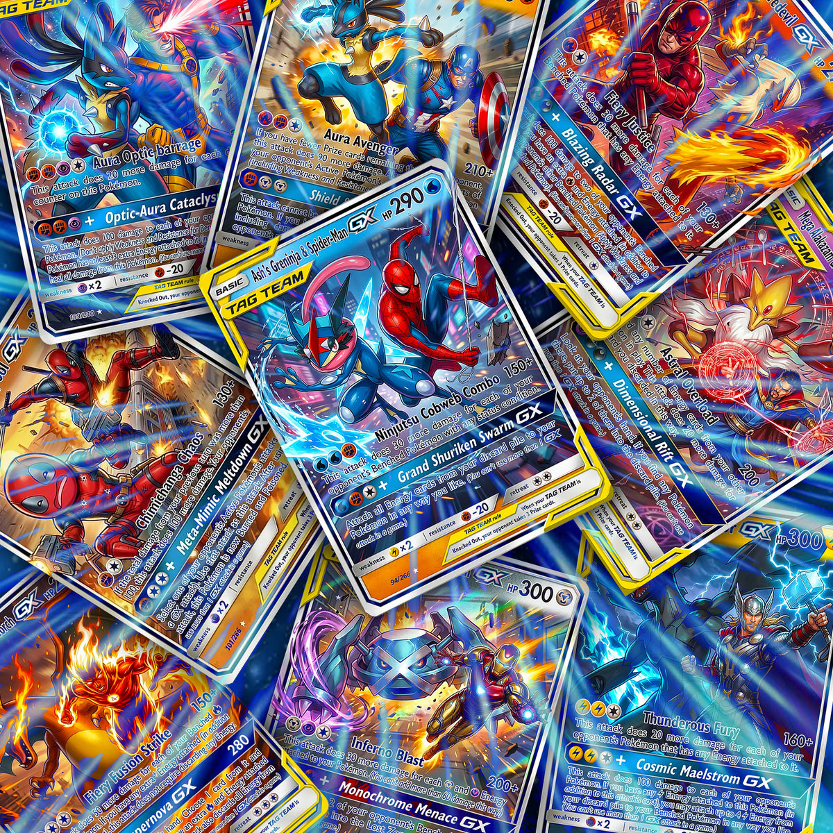Marvel Universe & Pokemon Tag Team Custom Fan Art Card | Handmade Superhero Trading Card Gift