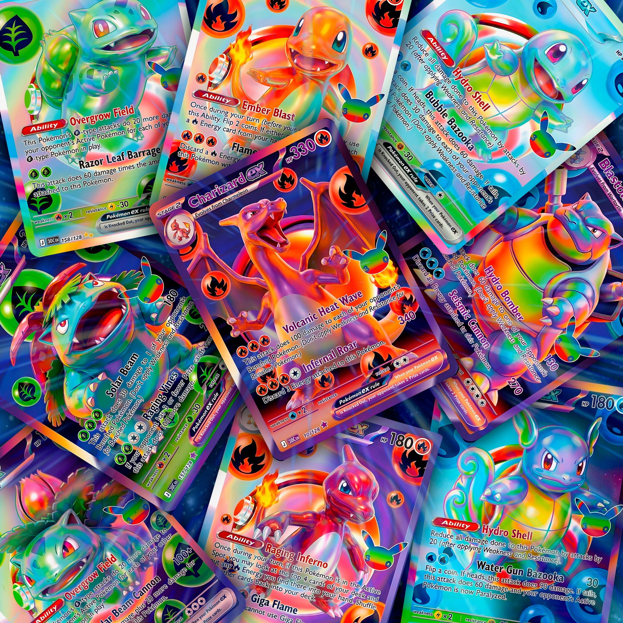 30th Anniversary Futuristic Rare Kanto Evolutions Custom Cards - Bulbasaur, Charmander, and Squirtle Lines