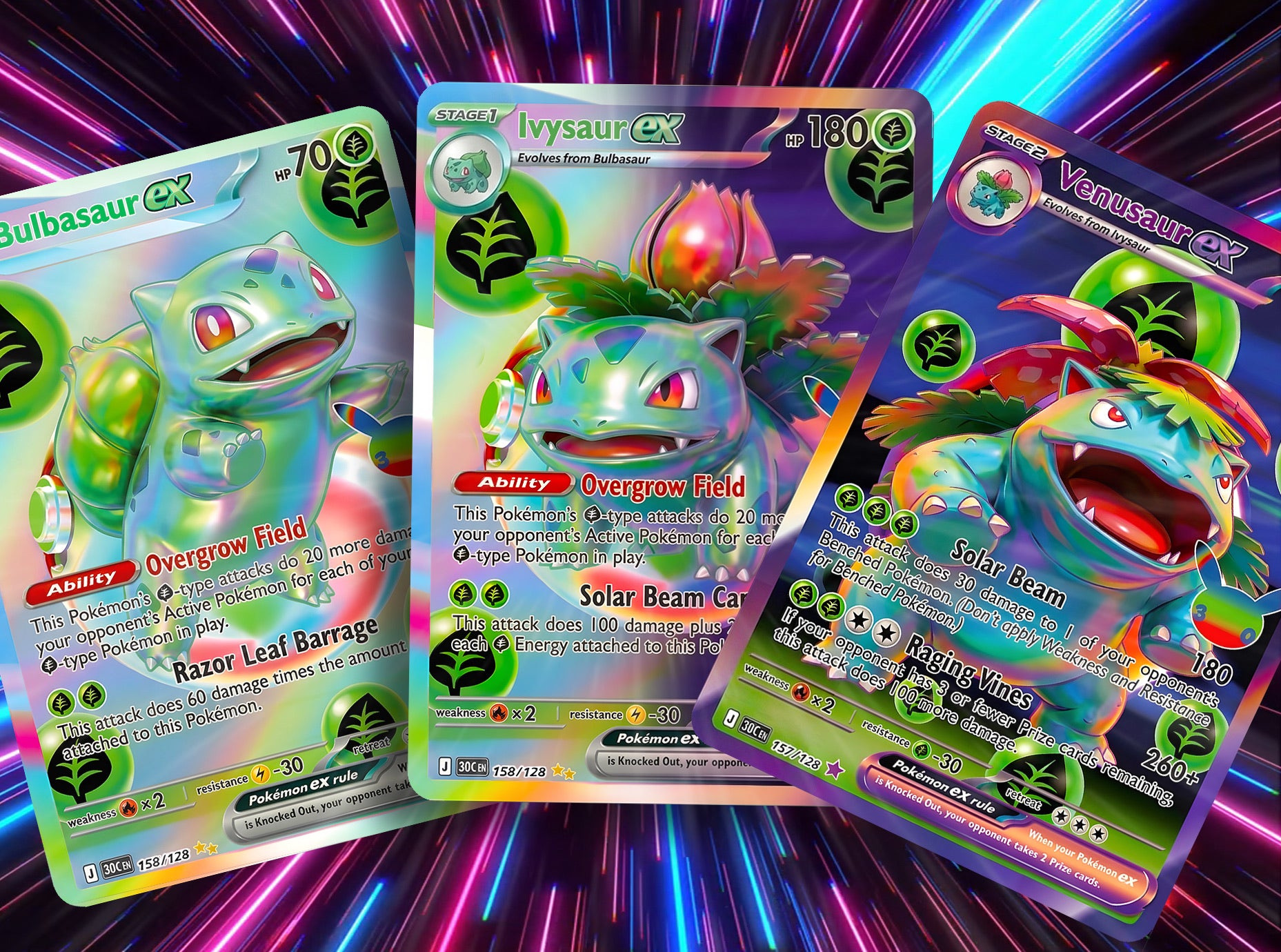 30th Anniversary Futuristic Rare Kanto Evolutions Custom Cards - Bulbasaur, Charmander, and Squirtle Lines