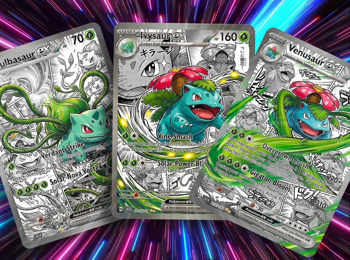 Comic Anime Style Kanto Starter Evolution Fan Art Cards - Charmander, Squirtle, Bulbasaur Lines